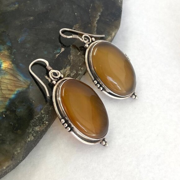 Sterling Silver 925 Large Bezel Set Oval Agate Quartz Dangle Drop Earrings - Picture 13 of 16